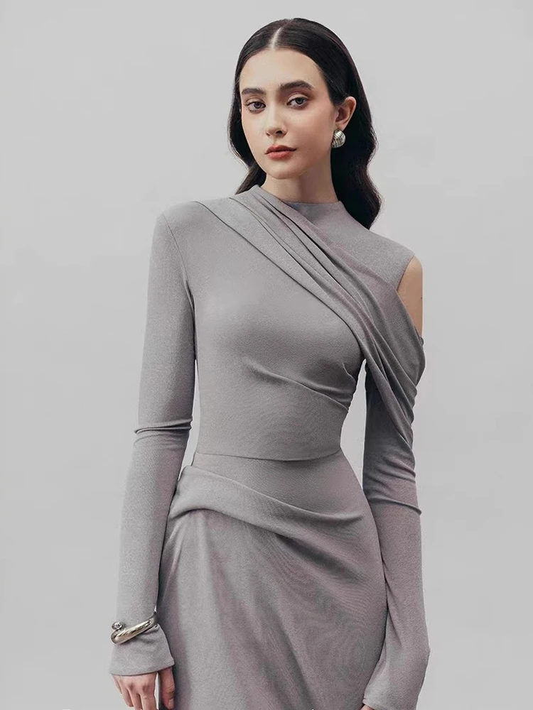 DEAT Elegant Dress Half High Collar Hollow Out Asymmetric Long Sleeves Mid-calf Women\'s Party Dresses 2025 Spring New 13DL999