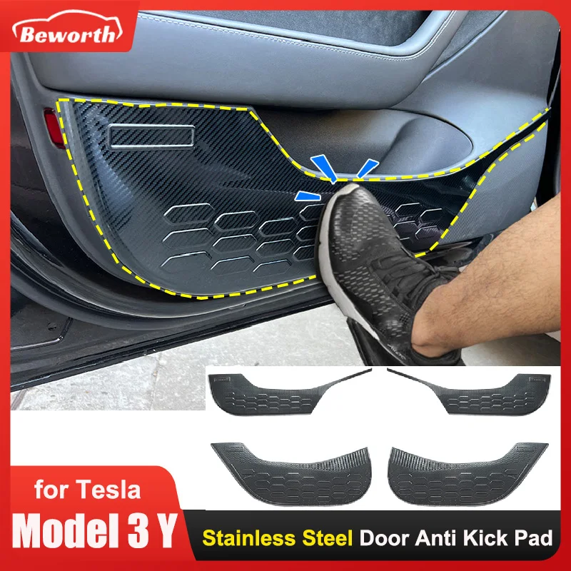 

4pcs Car Stainless Steel Door Anti Kick Pad For Tesla Model 3 Y Cover Protection Panel Side Edge Film Interior Trim Protective