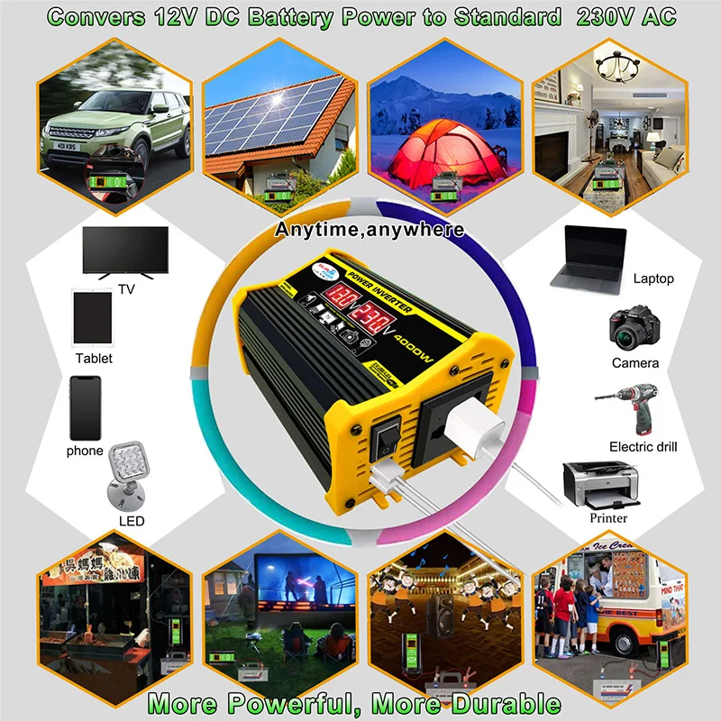 4000W Car Power Inverter DC 12V To AC 110V 220V Universal Sine Wave Electronic Charging Converter 2 USB Outdoor Camping  Charge