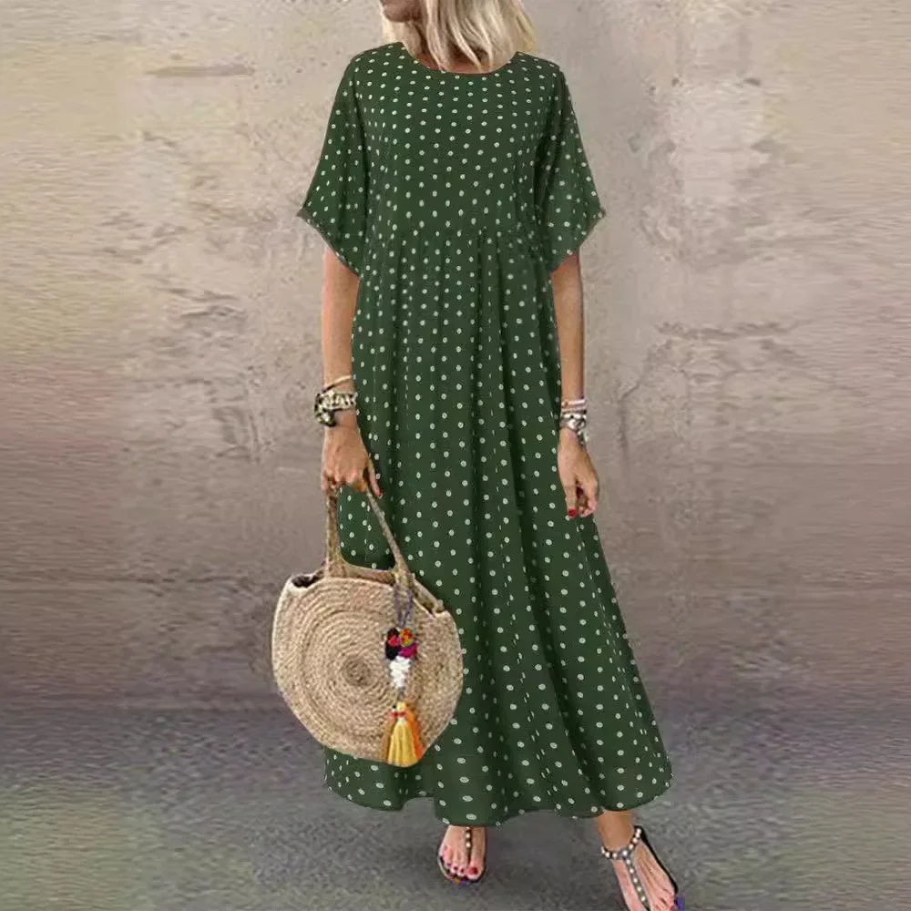 2024 European American Cross-border Women's Clothing Amazon Wish Polka Dot Dress Summer Loose Fit Short Sleeves Round Neck Dress