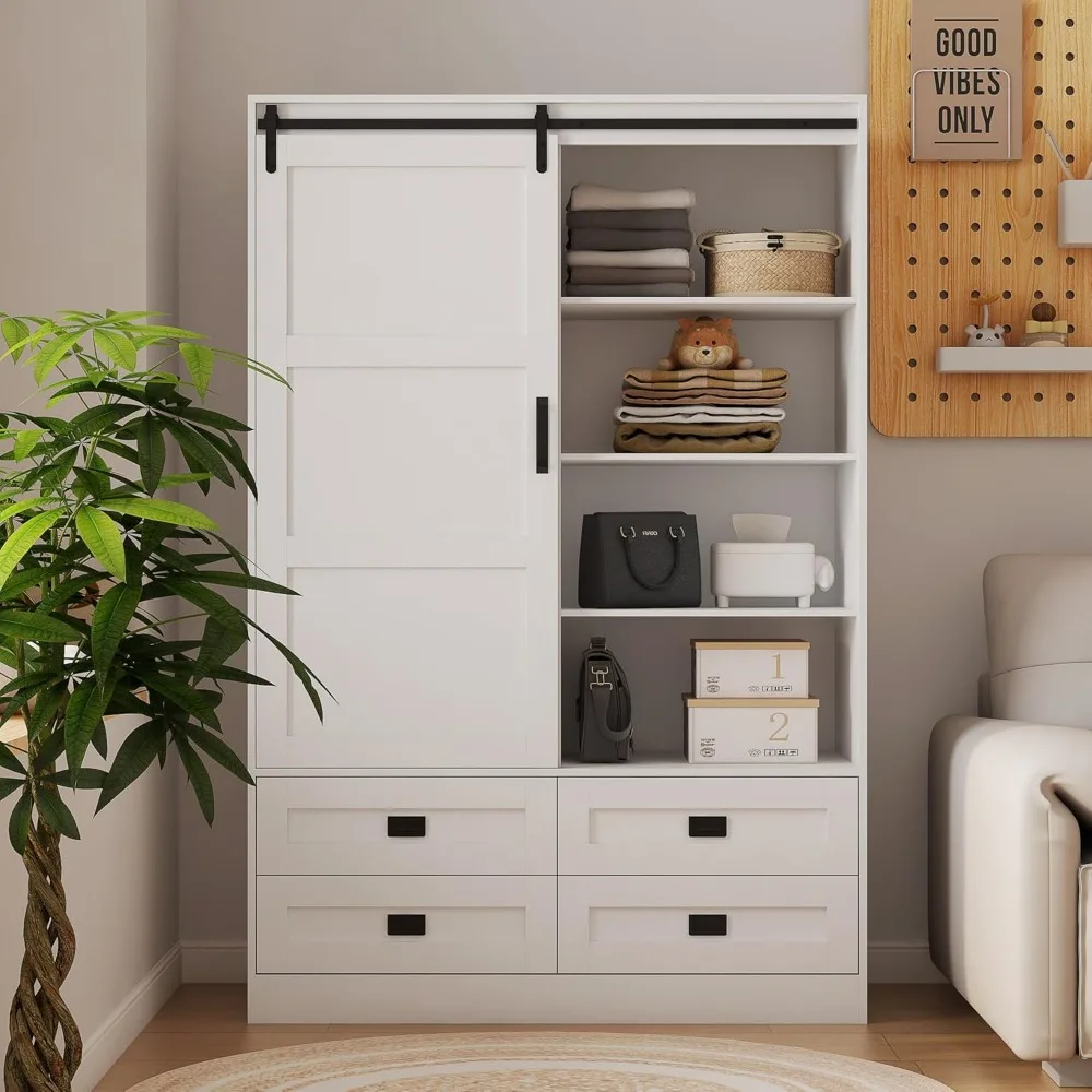 Wardrobe Closet Wooden Armoire Cabinet with Sliding Door, White Clothing Storage Cabinet with Hanging Rail