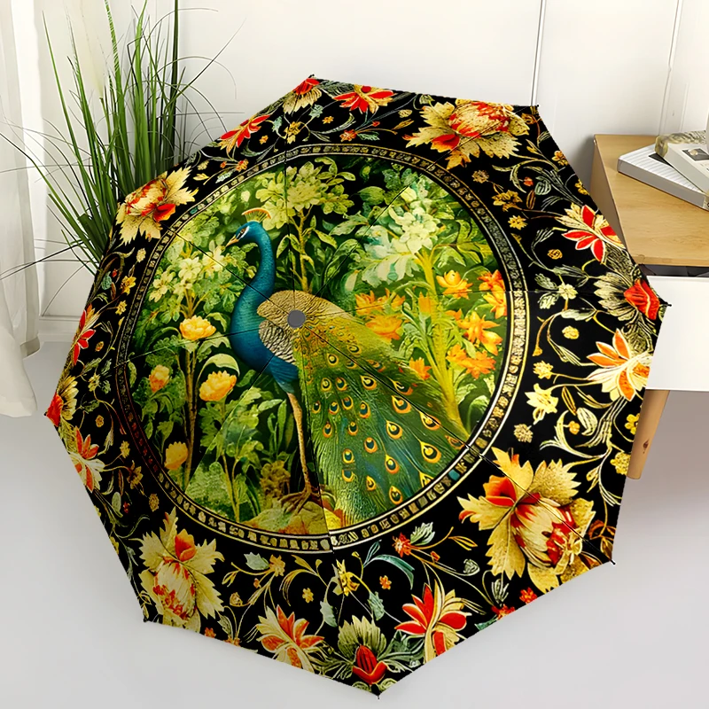 Peacock Theme Design Folding Umbrella - Fashionable Auto-Open Design 8 Iron Ribs Plastic Handle Foldable Sunshade，Perfect Gifts