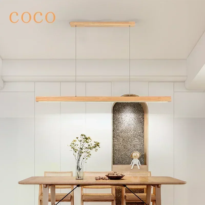 Lámpara colgante LED moderna de madera con tira larga, lámpara de mesa de comedor, lámpara colgante para sala de estar, comedor, cocina, accesorio