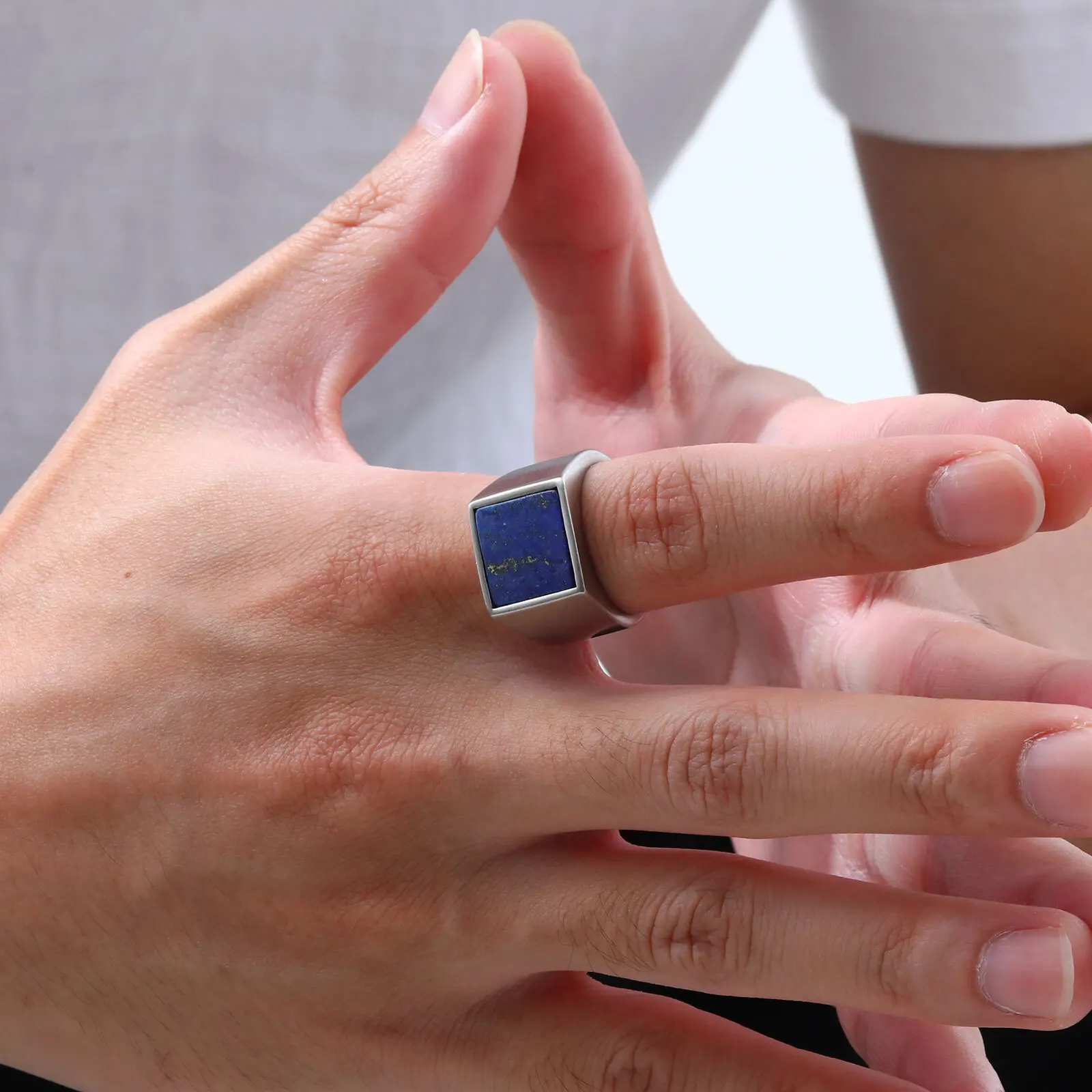 Blue Nature Stone Ring for Men Boys,Silver Color Stainless Steel Square Ring,Thumb Ring Male Jewelry Gifts