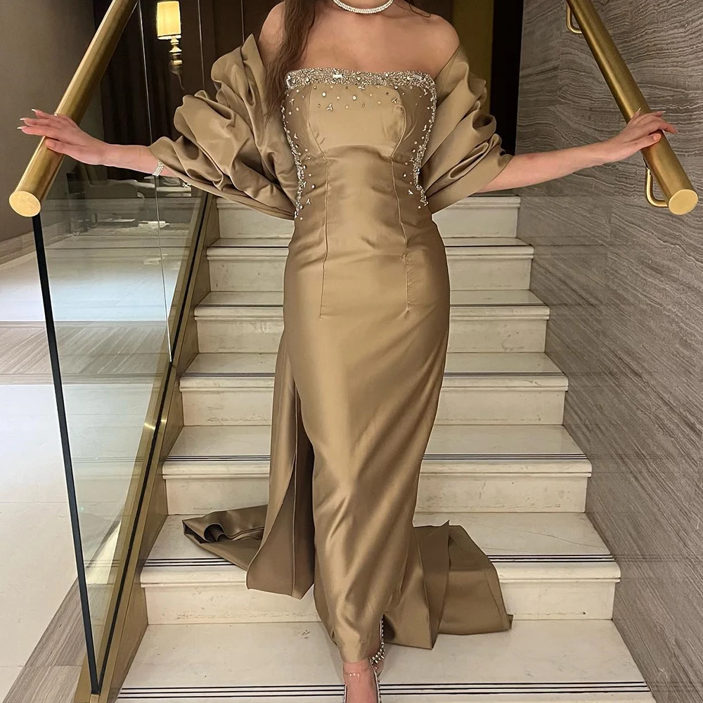 Customized Delicate Crystal Satin Off the Shoulder Evening Dress Exquisite Strapless Straight Half Sleeves Homecoming Gowns