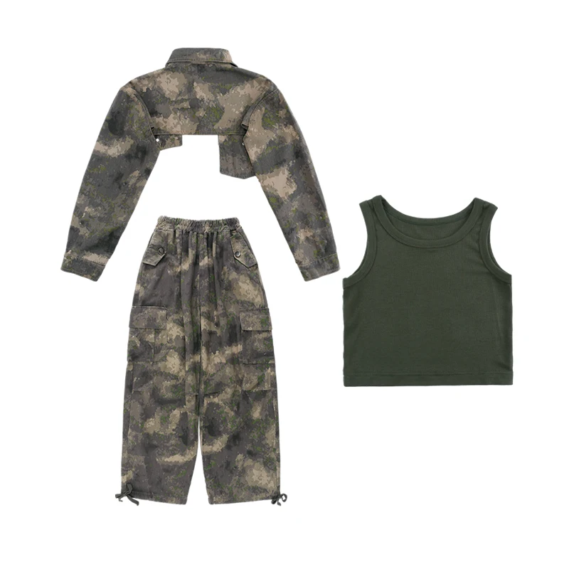 Ropa de actuación de baile callejero para niños, Tops cortos de camuflaje, pantalones sueltos, trajes Kpop para niñas, trajes de baile de Jazz, DQS14369