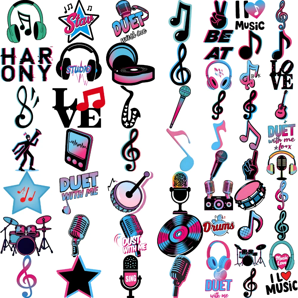 

63pcs Temporary Tattoo Saxophone Temporary Tattoo Stickers Guitar Music Player Cartoon Music Musical Notes For Children Boys
