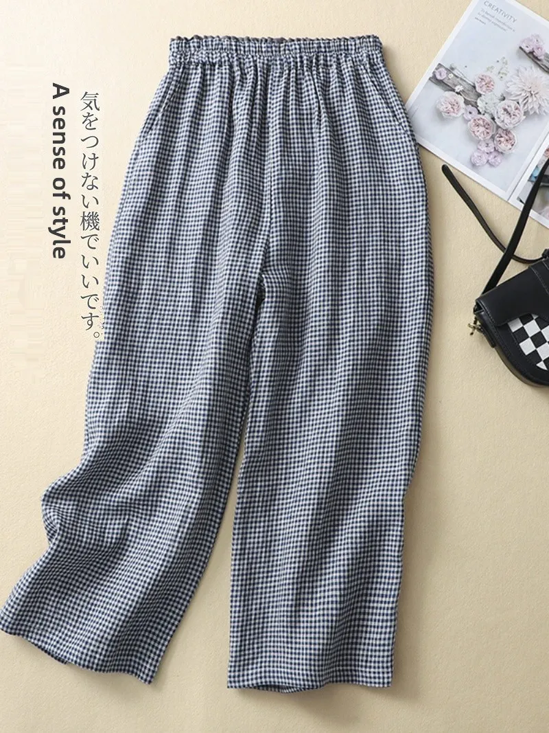 Casual algodão linho calças de perna larga cintura alta nove pontos cintura solta padrão xadrez marca feminina faion calças verão