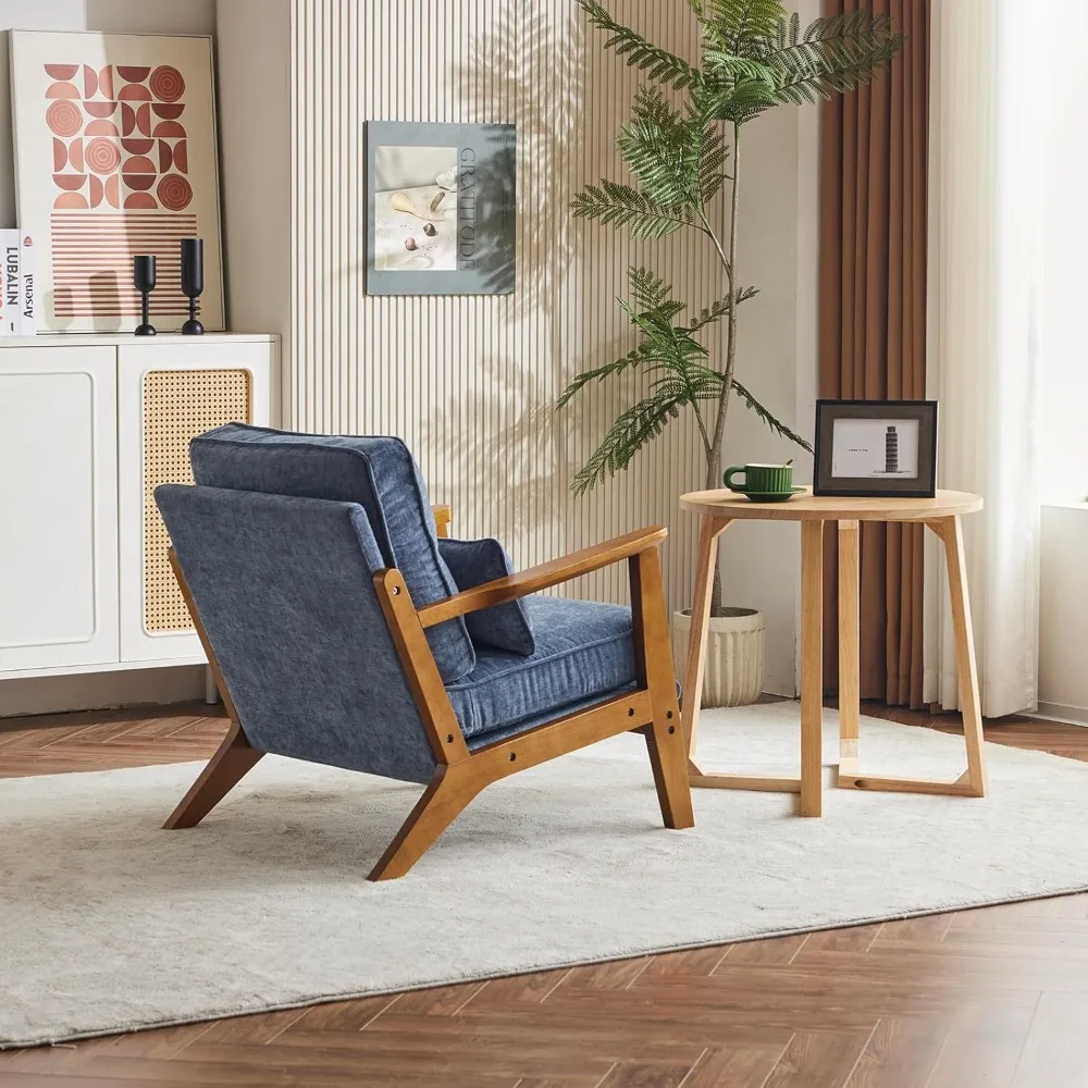 كرسي منزلي بمسند ذراع واسع كرسي صالة منتصف القرن كرسي بذراعين من الشنيل مع وسادة قطنية وإطار من الخشب الصلب للمعيشة