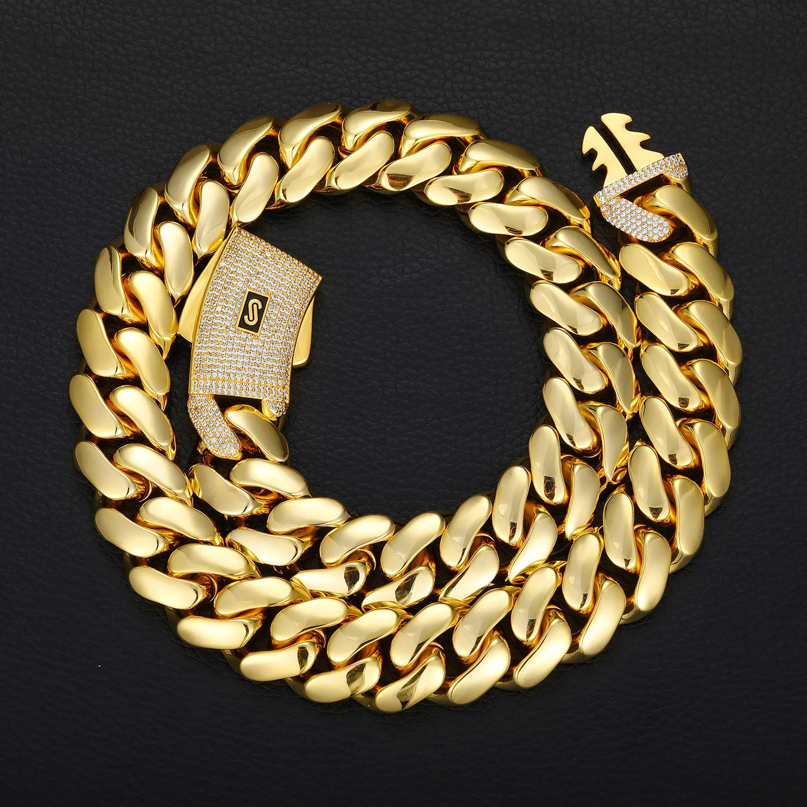 

Polished GoldCuban Link Chain Necklace Hip Hop Diamond Clasp Design Unisex Chunky Chain Nightclub Party Jewelry Trendy Essential