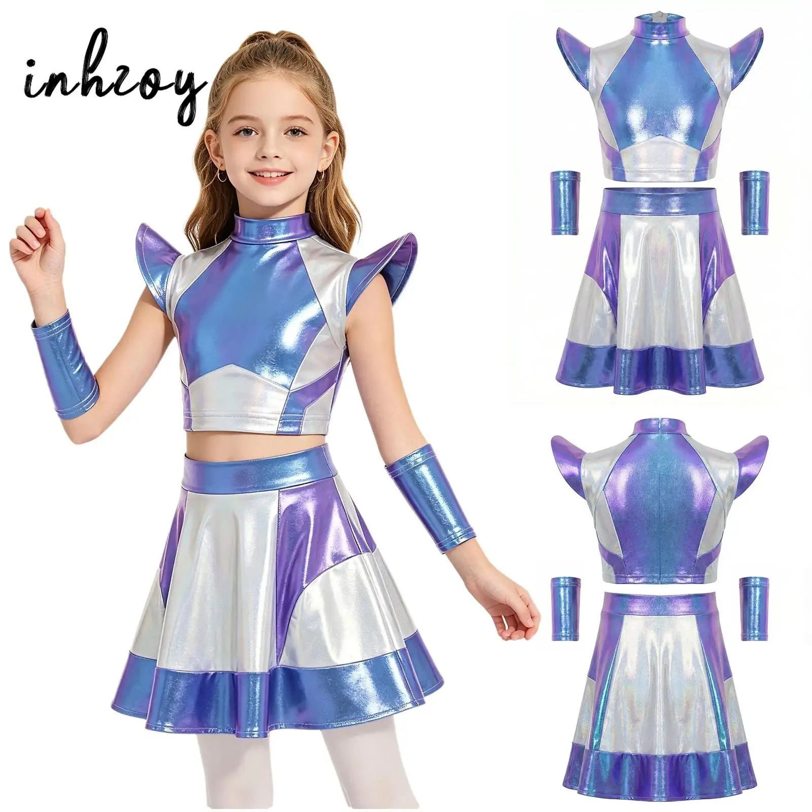 

Kids Girls Halloween Alien Cosplay Costume Outer Space Outfit Sleeveless Crop Tops and Skirt with Oversleeves for Rave Nightclub