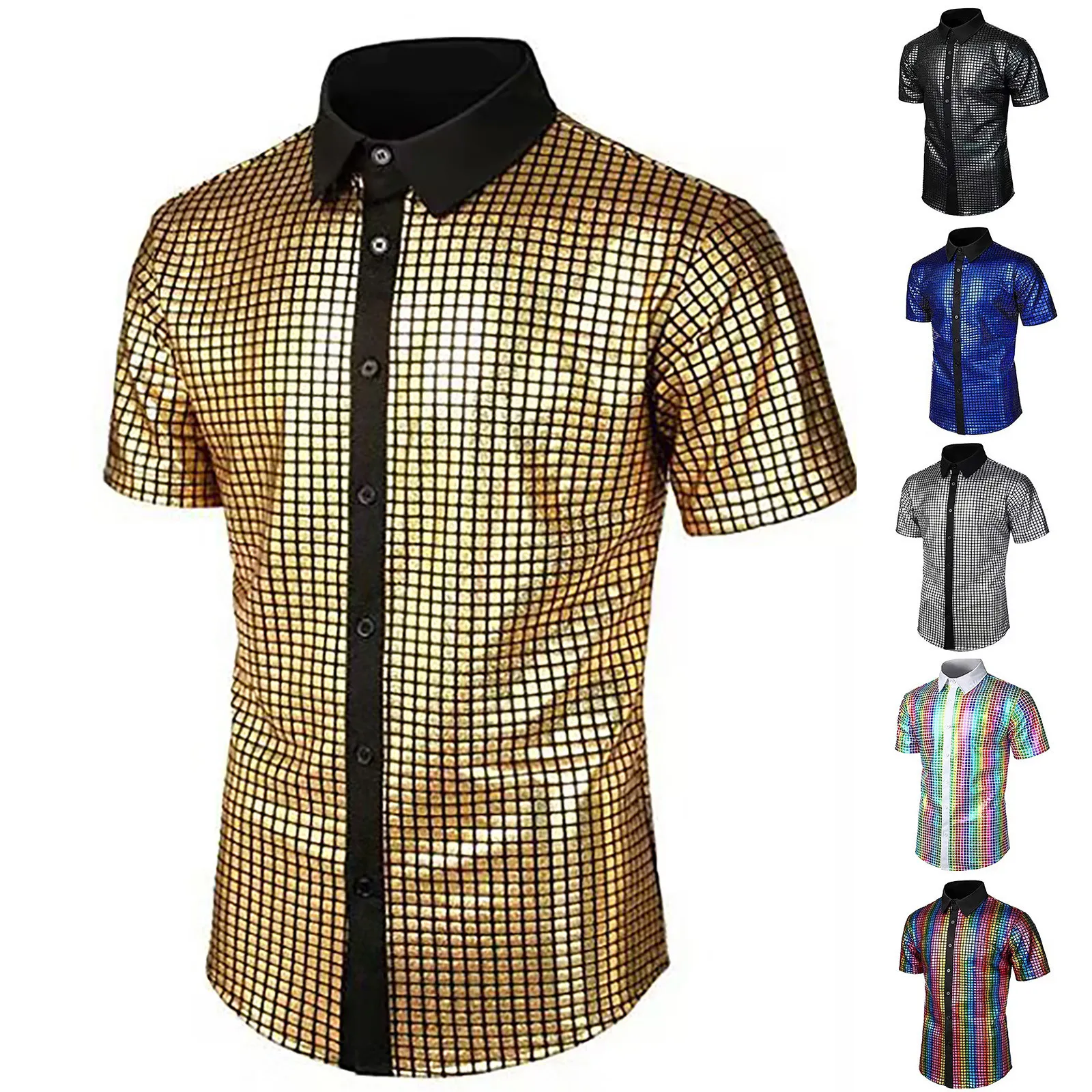 70s Disco Men's Shiny Gold Sequin Nightclub Club Party Wedding Glitter Men Shirt Stage Singer Prom Performance Cosplay Costume