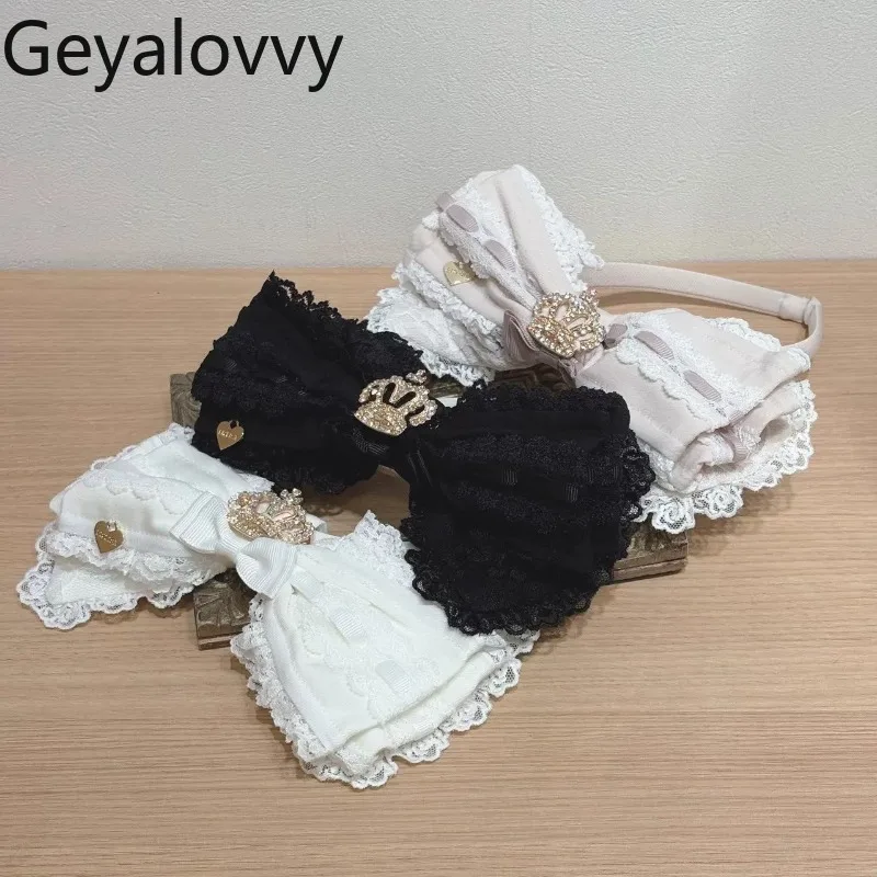 

Японская милая стильная корона с большим бантом, универсальная повязка на голову в стиле Лолиты, каваи, кружевной край, однотонные аксессуары для волос для женщин