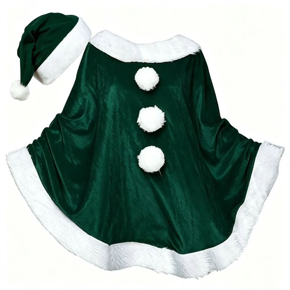 Modischer Polyester-Weihnachtsmantel und Hut, Plüsch, dicker Weihnachtsumhang, winddichter Schal, Weihnachtsmann-Kostüm für Kinder – Detail 2