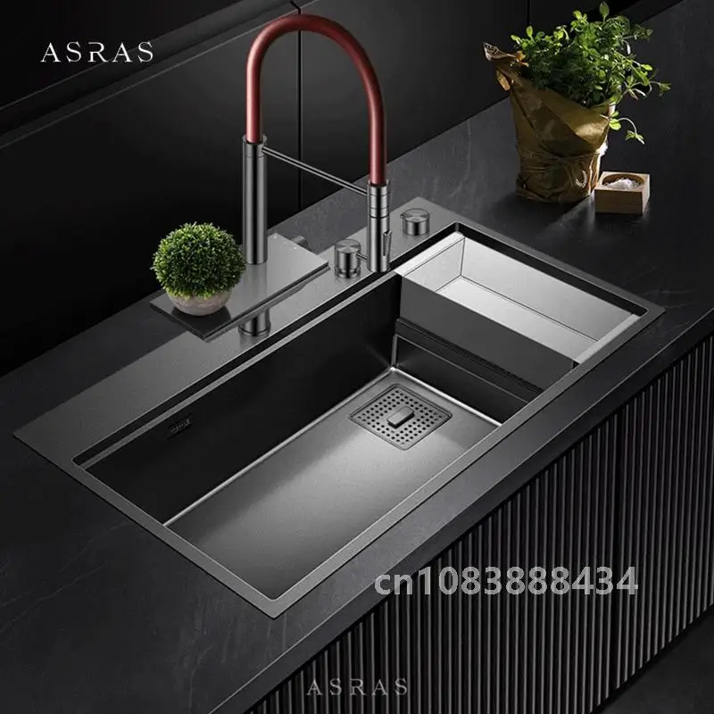 ASRAS New Waterfall Faucet Kitchen Sinks Nanometer Large Size 4mm Panel Handmade Sinks Cup Rinser Kitchen Sinks