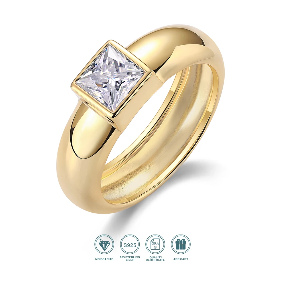 

1pc Moissanite Ring 925 Sterling Silver 18K Gold Plated Square Stone Band Jewelry for Women Gift Comes with GRA Certificate