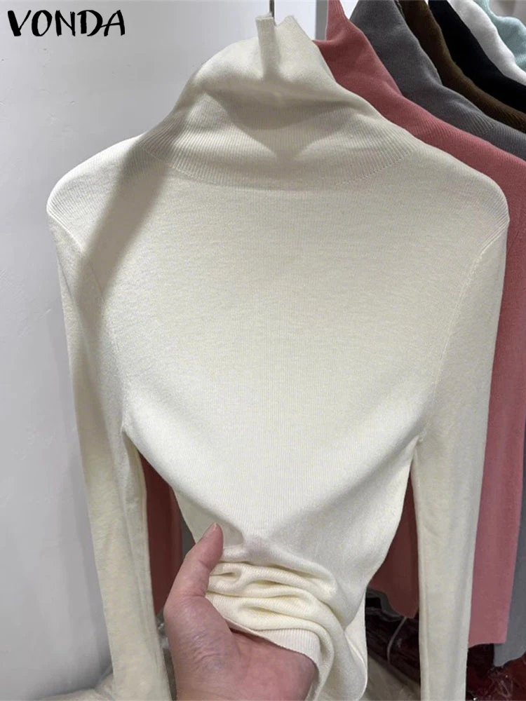 

VONDA 2025 Fashion Women Pullovers Sweaters Turtleneck Knitted Jumpers Autumn Winter Long Sleeve Clothing Solid Basic Soft Tops