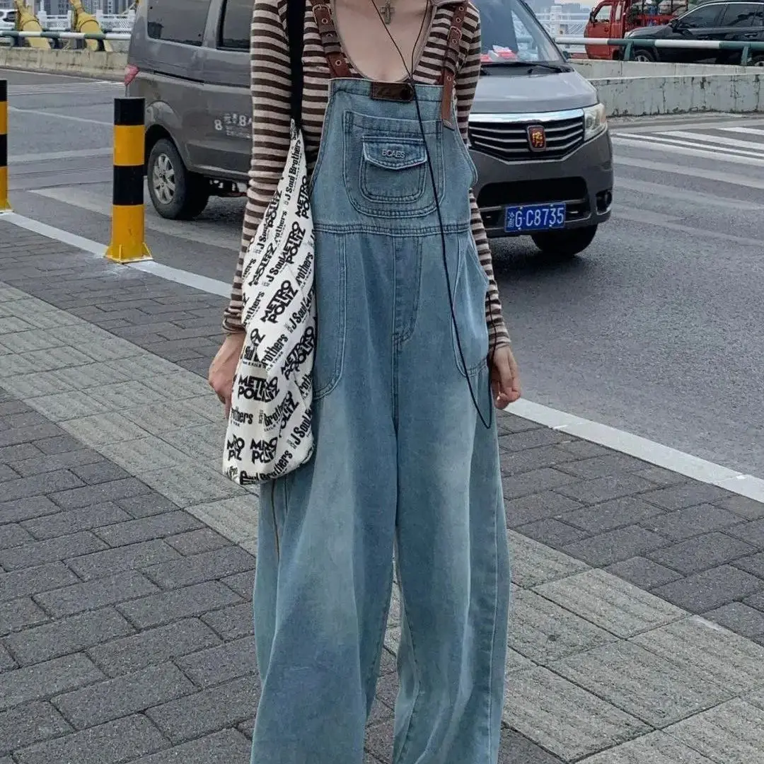 

Braces Jeans Pocket High-Waisted Retro Joker Blue Female 2024 Spring New Loose Straight Slim Age-Reducing Wide-Leg Pants