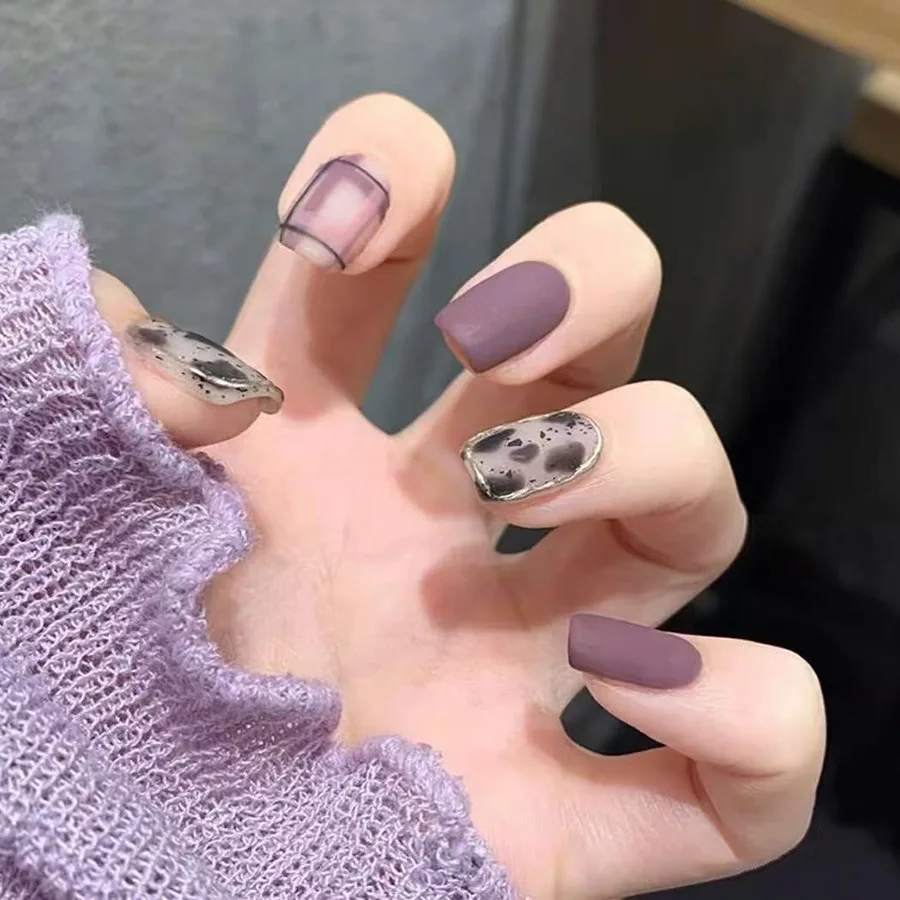

24 Pcs Matte Leopard Print Nail Tips Medium Short Fall Press on Nails Acrylic with Glue Artificial Purple Fake Nails with Charms
