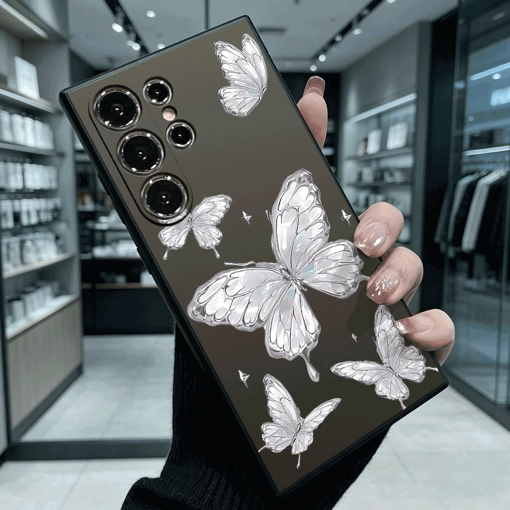 Silver Metallic Butterflies Phone Case For Samsung S26 S25 S24 S23 S22 Ultra FE A17 A27 A57 Shockproof Back Cover