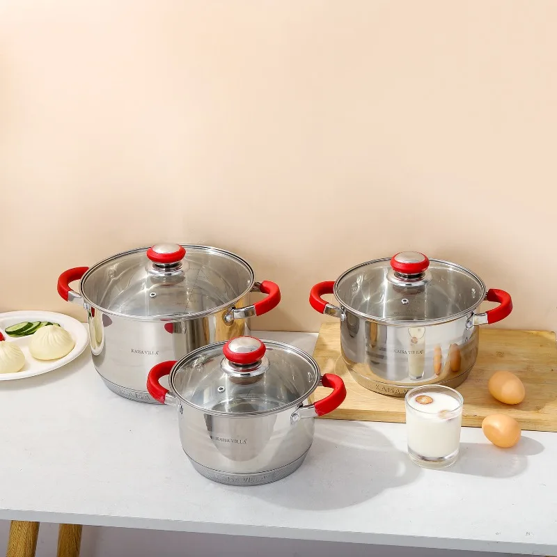 Multi Size Stainless Steel Soup Pot Three Piece Set Composite Thermal Conductive Bottom Electromagnetic Stove Universal Stew Pot