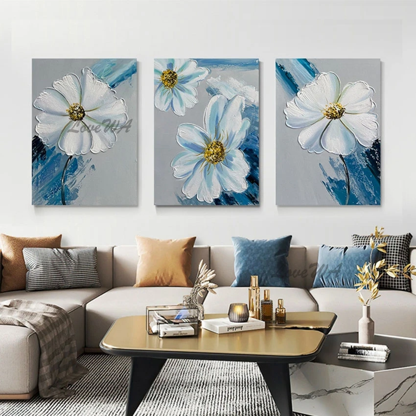 

3 Panel Canvas Art White Simple Textured Abstract Flower Painting Not Framed Wall Pictures Canvas Home Decoration Products