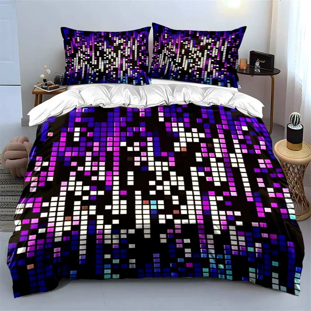 Conjunto de roupa de cama com arte pixelizada colorida, com 1 capa de edredom e 2 fronhas, solteiro, casal, king, queen, presente