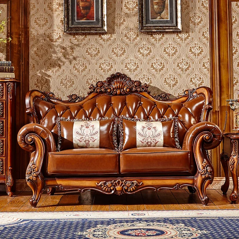 Luxury 2024 Leather European 123 Combination Living Room Solid Wood Carrying Full Package, While Size, American Style Sofa