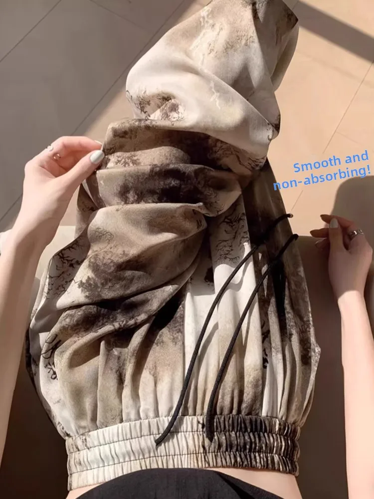 

Новые китайские шелковые брюки-палаццо из акварельной ткани для женщин, летние повседневные струящиеся прохладные брюки с высокой талией, укороченные (7/8)