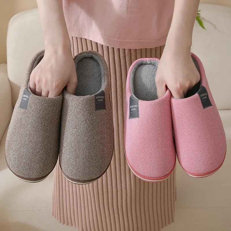 House Slippers for Men Winter Knit Stripe Memory Foam Plush Indoor Shoes Male Fashion Hot Winter Home Slipper Soft Sole Big Size