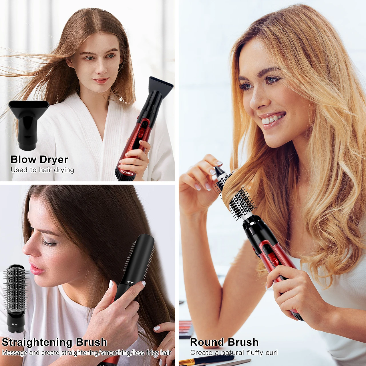 فرشاة مجفف شعر ومكثف 3 في 1، فرشاة هواء ساخن بالأيونات السالبة مع 3 إعدادات لدرجة الحرارة للتجفيف وتمليسه وتجعيده