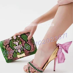 Colorful Crystals Toe Strap Sandals Women Metallic Bowknot Back Strap High Heels Shoes Female Summer Sparkly Evening Sandals