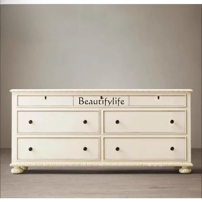 

*American country old solid wood carving entrance cabinet European antique white storage side cabinet