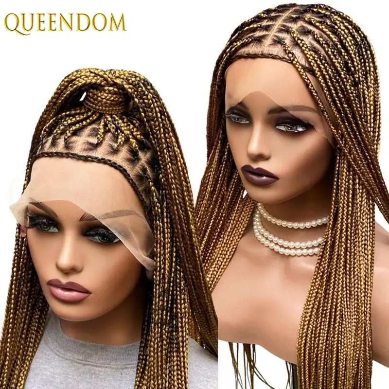 32 zoll Synthetische Volle Spitze Geflochtene Perücken Für Schwarze Frauen Ombre 1B27 Zöpfe Spitze Perücken Göttin Böhmischen Box Braid Locs perücke