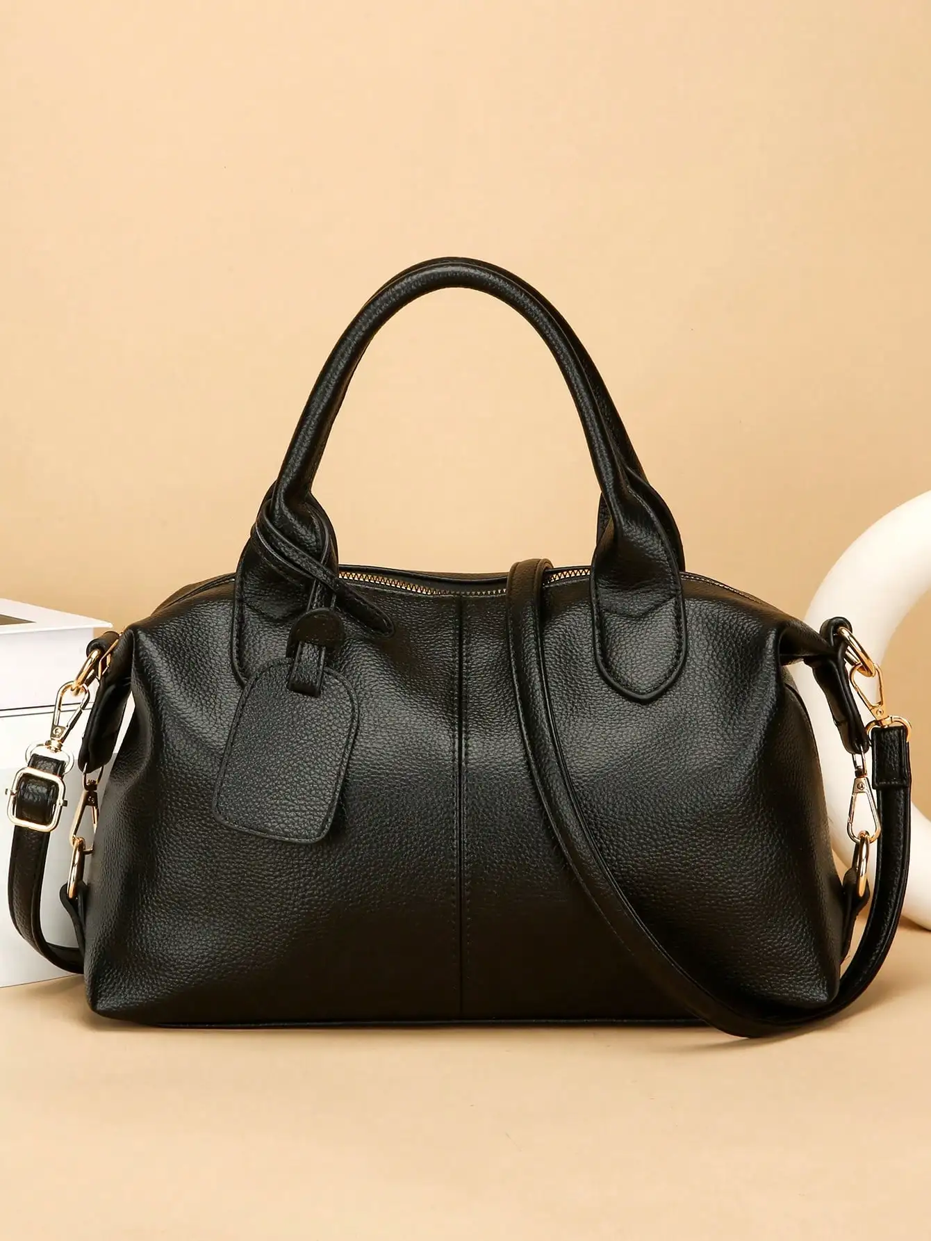 

Black Pebbled Leather Top-Handle Shoulder Bag with Detachable Strap