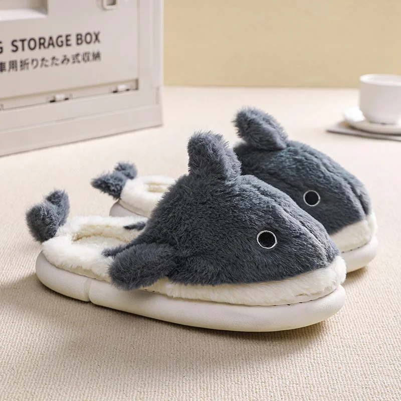 Shark Pattern Embroidery Stuffed Home Devil Slide Plaid Furry Cotton Slippers Warm Non-slip Indoor Slipper Pumpkin  Mom Gift