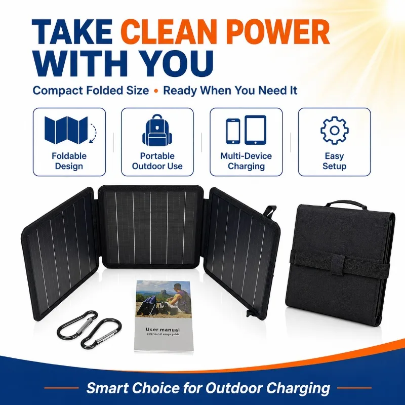15W Monocrystalline Solar Charger Foldable 5V Dual USB-A Type-C Output Portable Solar Power Bank for Charging Outdoor Emergency