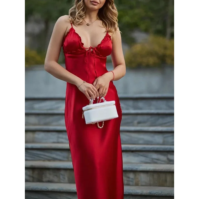

Women's Pink Satin Backless Suspender Dress Elegant Summer Fashion Stylish Vacation Beach Date Party Dress