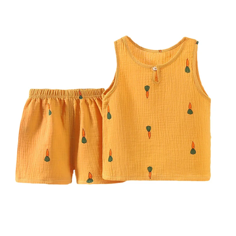 Fatos de algodão musselina para bebês, colete sem mangas, shorts, conjuntos de calças, roupas de meninos e meninas, roupas de verão, 0-6t, 2pcs