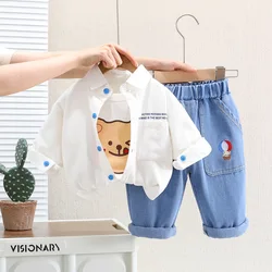 Trendy Boys Cartoon Spring Autumn Clothing New Cute Long Sleeve Shirts Coat+Cotton Top+Jeans Baby Girls 3pcs Hip Hop Dance Set