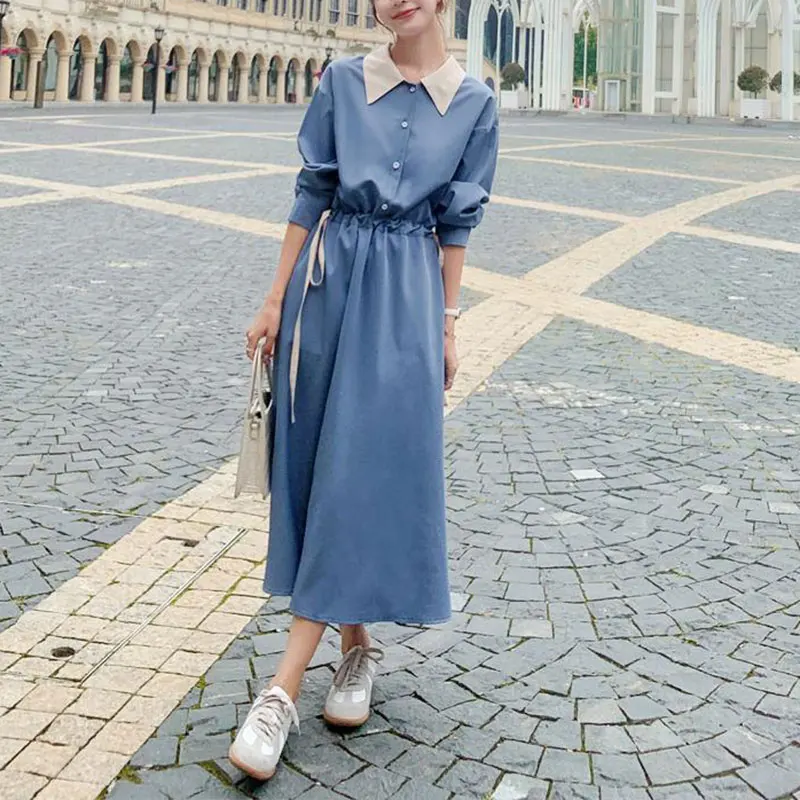 Women\'s Spring and Summer Fashion Office Lady Simplicity Polo Collar Long Sleeve Dresses Women Clothes Casual Elegant Long Dress