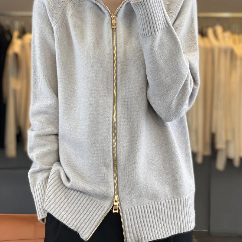 

100% Pure Wool Stand Collar, Wool Zipper Cardigan, Lazy Style, 2024 autumn/winter New item, Women's Wool Sweater, Jacket