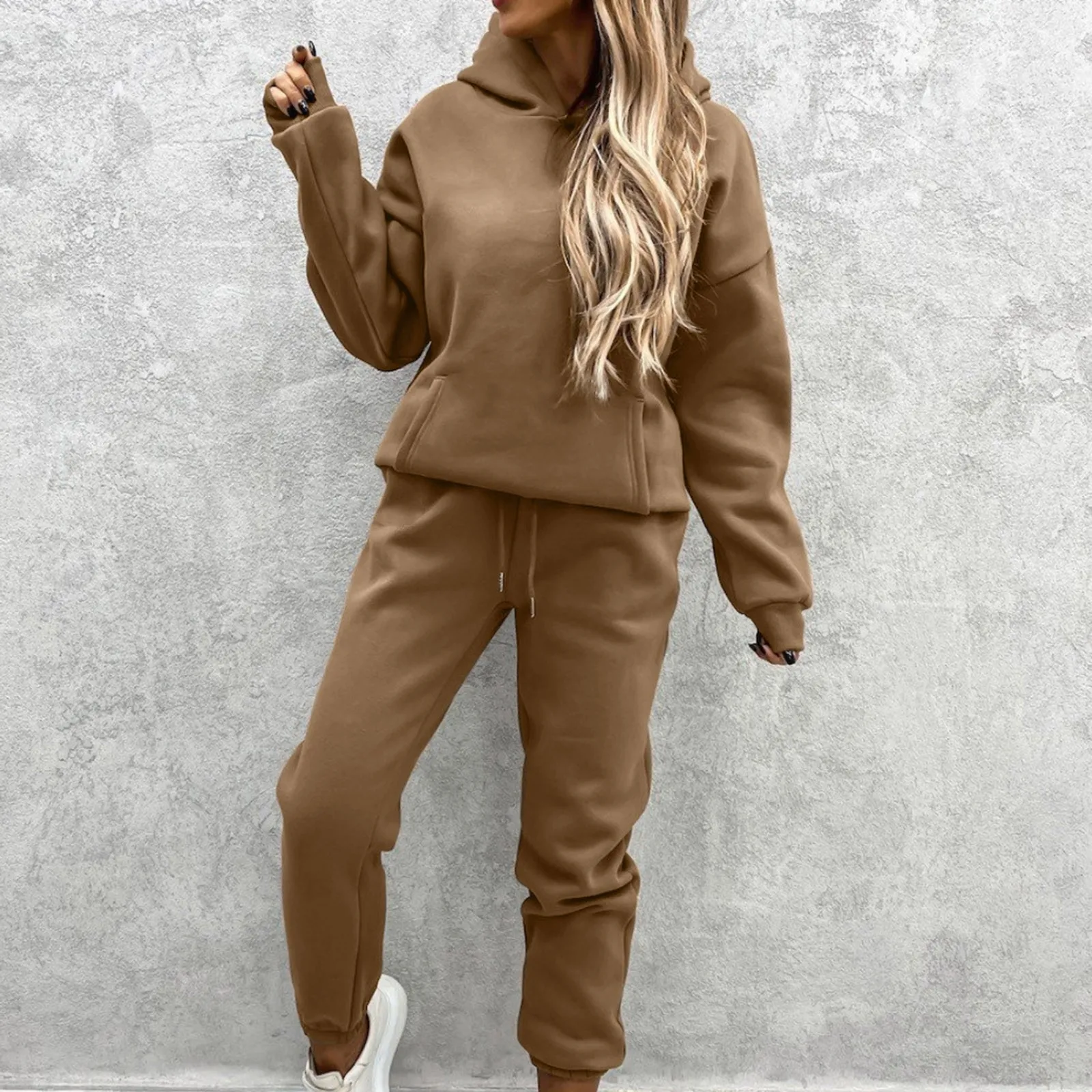 Fall Active Sweatsuit Two 2 Piece Set for Women Winter Fitness Outfit Fleece Pullover Hoodies +Jogger Pants Matching Tracksuit