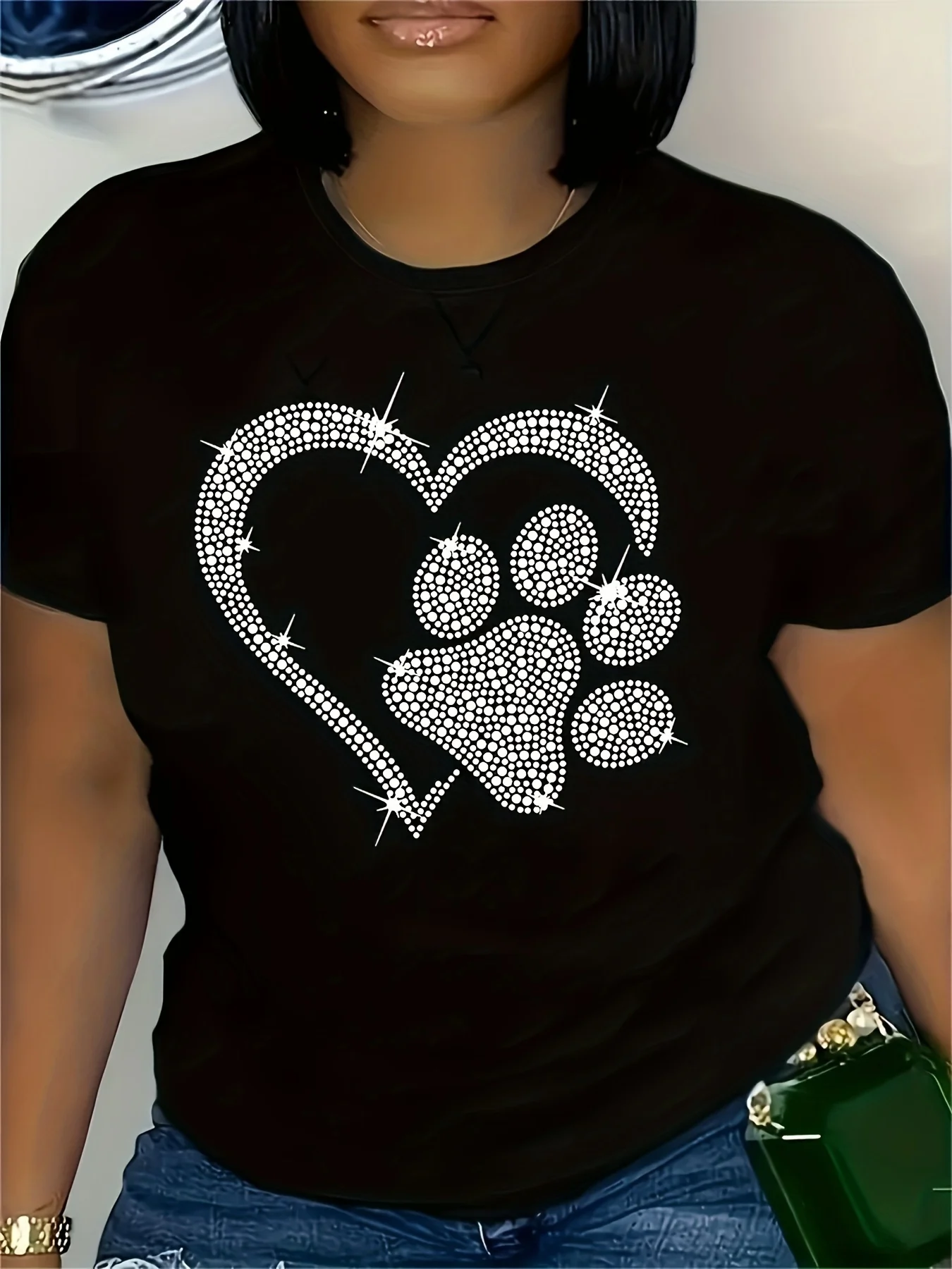Rhinestone Heart Paw Print Women's Tee - Sparkly Pet Love Graphic, Casual Black Top