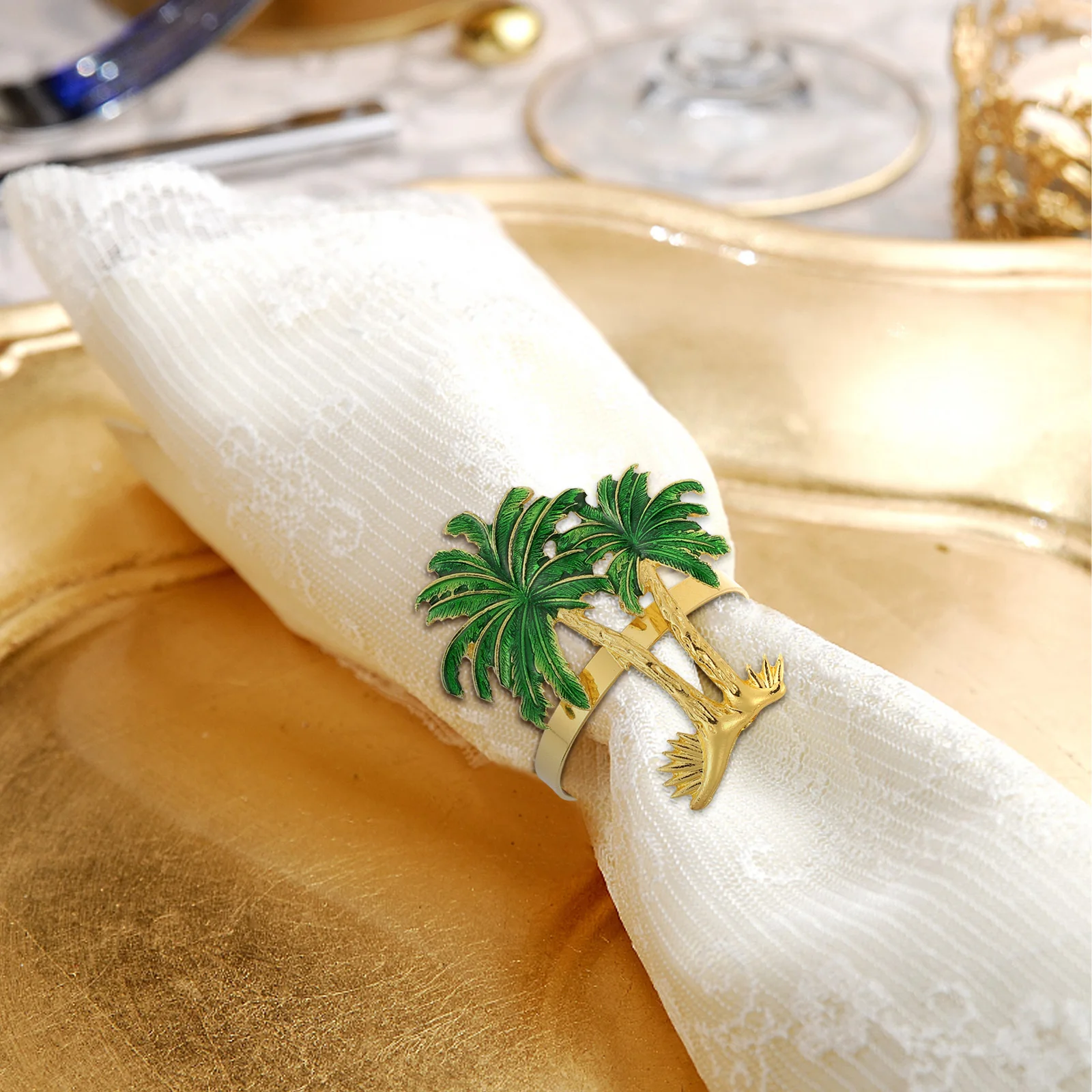 

4pcs Napkin Coconut Shape Hawaiian Party Napkin Buckles Golden Green Party Wedding Banquet Decorative Kitchen Bar Supplies