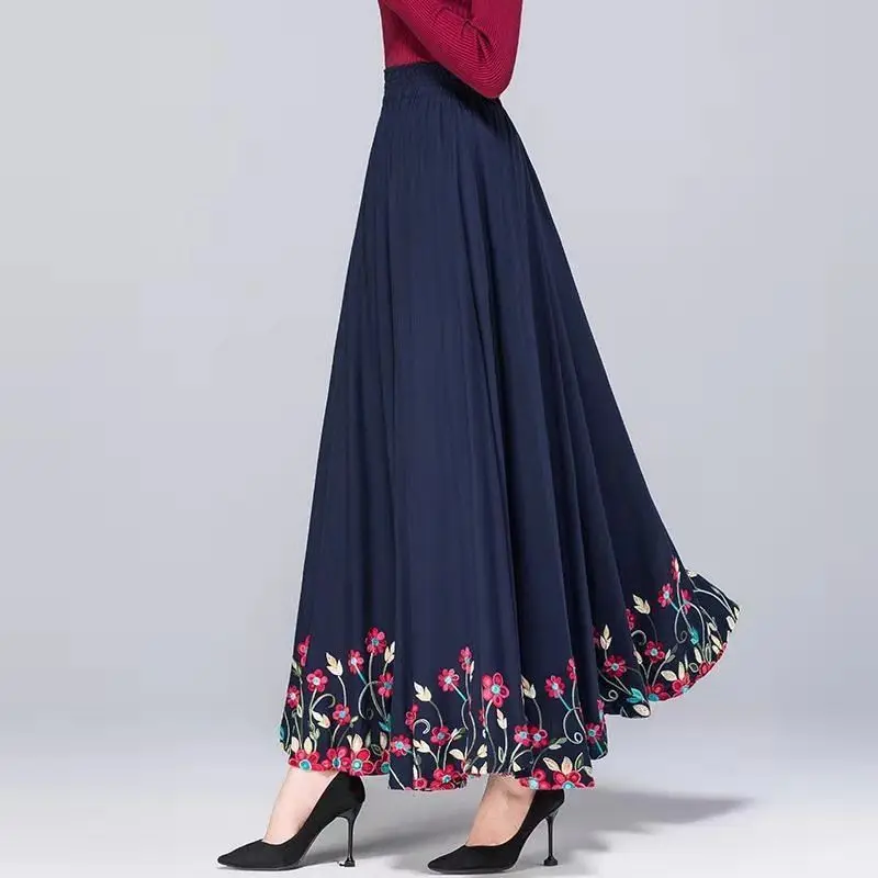 Women Vintage Ethnic Style Embroidery Cotton Linen Maxi Skirt Female Elegant High Waist Pleated Swing A Line Skirts Falda Largas