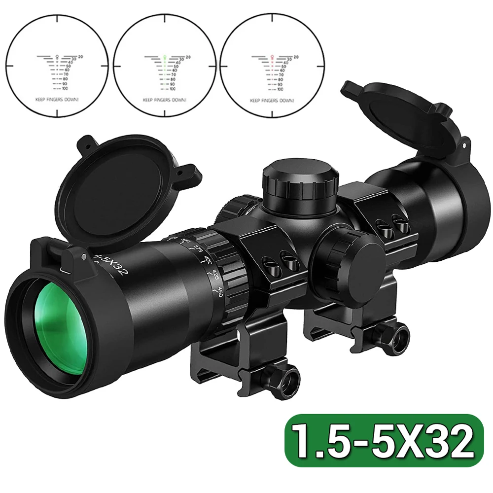 1.5-5X32 Crossbow Scope Crossbow Short Hunting Riflescope Red Dot Green Illuminated Optical Sight Range Finder Reticle