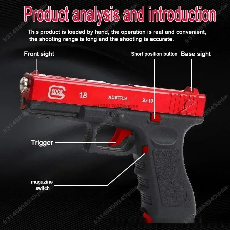 Zabawka ze stopu G18 strzela plastikowymi pociskami o dużej mocy i dalekim zasięgu. Jest najlepszym prezentem na urodziny dla dzieci.