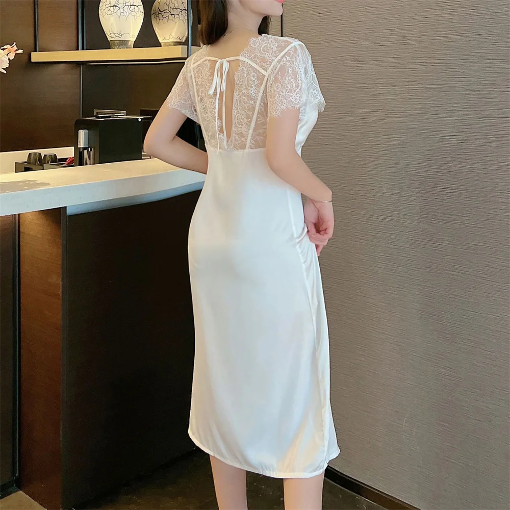 New Women Nightdress Sexy Perspective Lace Short Sleeve Long Nightgown Sexy Split Bathrobe Home Dress Loose Satin Loungewear