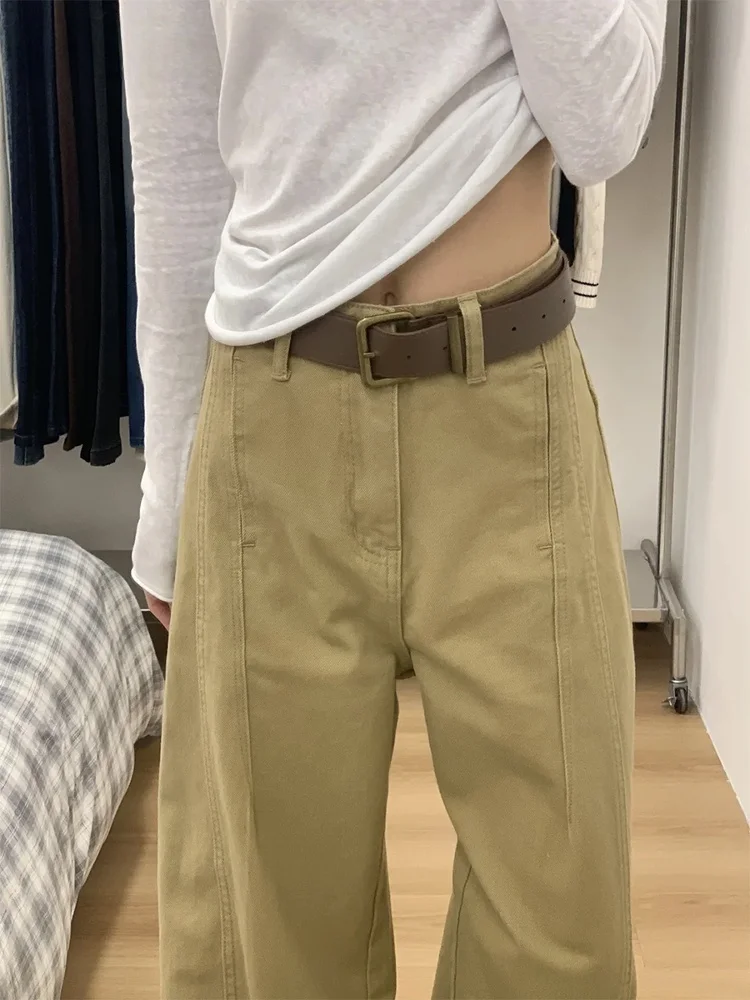

Женские брюки с высокой талией, широкими штанинами, прямого кроя, цвета хаки, осенняя новинка, свободные, стройнящие, в пол, в американском стиле.